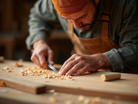 Skilled carpenter chiseling wood with precision and dedication in warm workshopの写真素材