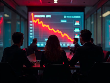 Group of professionals watching steep stock market decline in boardroomの写真素材