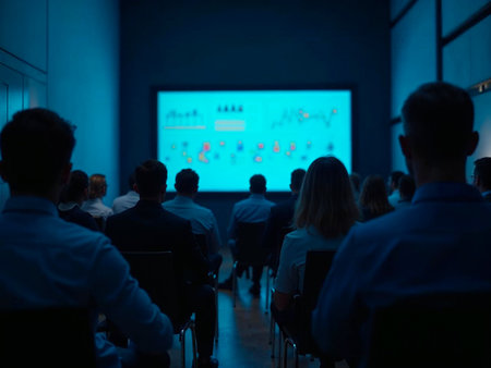 Audience attending a professional meeting with charts and analytics displayed
