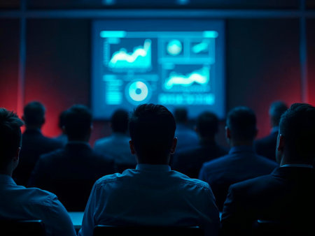 Audience attending a professional meeting with charts and analytics displayedの写真素材