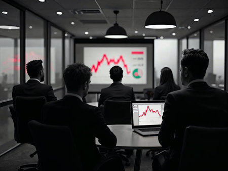 Group of professionals watching steep stock market decline in boardroom