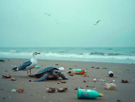 Seagull standing among plastic bottles and trash on polluted foggy beachの写真素材