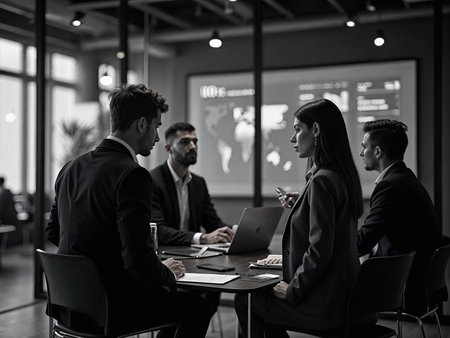 Colleagues analyze data and growth charts in evening business presentation