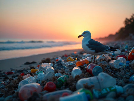 Seagull standing among plastic bottles and trash on polluted foggy beachの写真素材