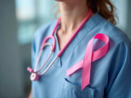 Close-up of doctor with pink ribbon for breast cancer awareness campaignの写真素材
