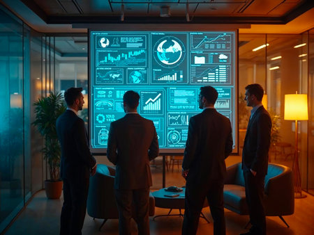 Colleagues analyze data and growth charts in evening business presentation