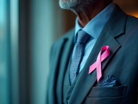 Close-up of doctor with pink ribbon for breast cancer awareness campaignの写真素材