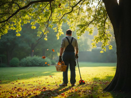 Man carrying garden tools walking under tree during golden sunset lightの写真素材