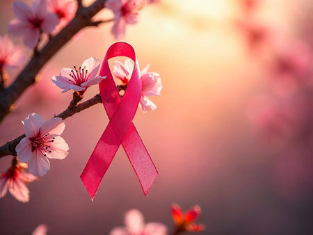 Close-up of doctor with pink ribbon for breast cancer awareness campaign