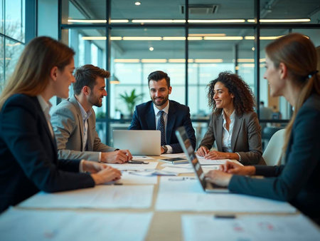 Colleagues analyze data and growth charts in evening business presentation