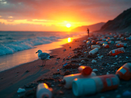 Seagull standing among plastic bottles and trash on polluted foggy beachの写真素材