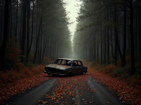 Old car left in forest during fall, surrounded by fallen leaves