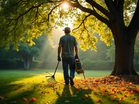 Man carrying garden tools walking under tree during golden sunset lightの写真素材