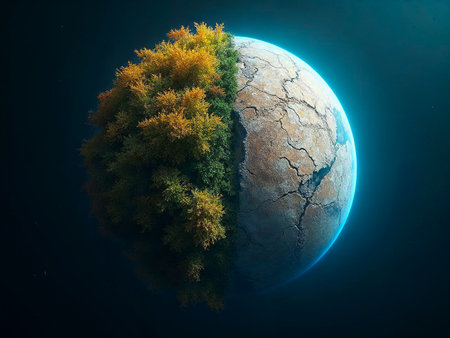 Symbolic planet showing contrast between lush nature and climate change desertificationの写真素材