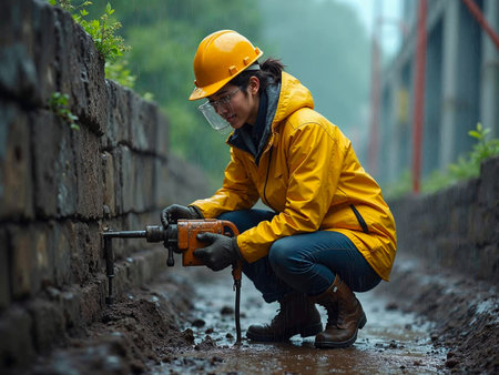 Confident worker with jackhammer breaking wall on construction site
