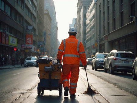 Municipal worker cleaning sidewalk with cart and broom in city trafficの写真素材