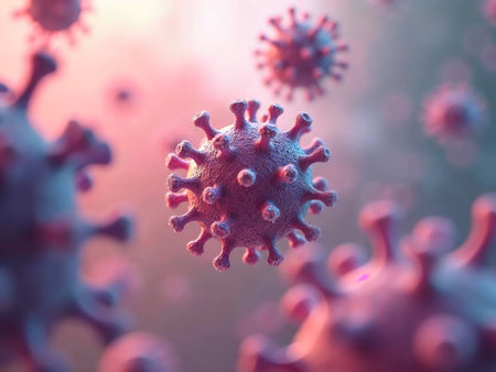 Close-up HIV virus particle with spikes in scientific medical illustrationの写真素材