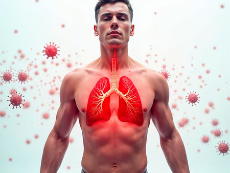Medical concept of lungs infected by viral pathogens in human bodyの写真素材