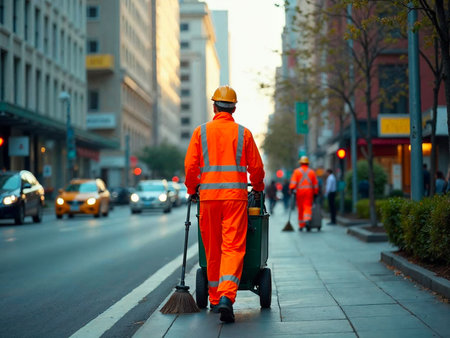 Municipal worker cleaning sidewalk with cart and broom in city trafficの写真素材