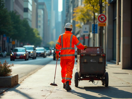 Municipal worker cleaning sidewalk with cart and broom in city trafficの写真素材