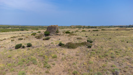 nuraghe structure in Narbolia's rural landscape, central-western Sardinia.の写真素材
