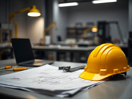 Yellow hard hat on construction plans in modern technical officeの写真素材