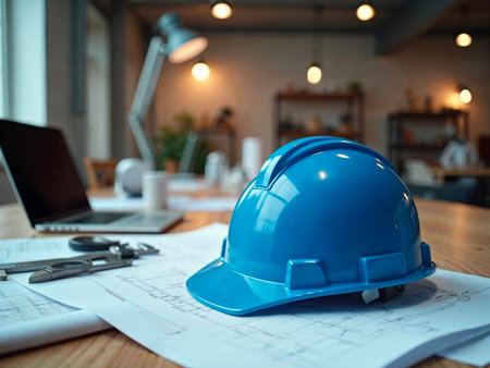 Blue hardhat resting on blueprints in modern architect workspace