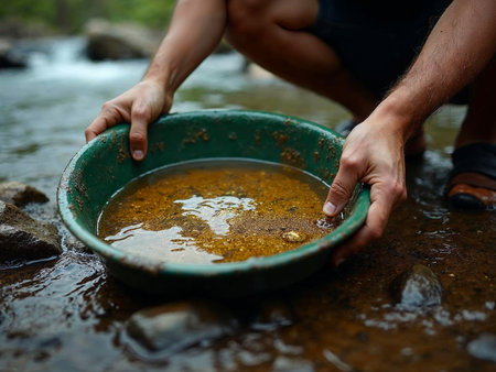 Prospector panning for gold with muddy hands and panの写真素材