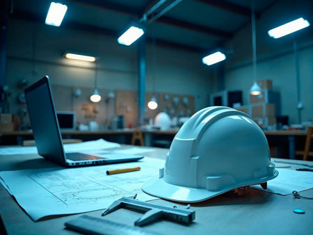 Construction helmet on architectural plans with team in background