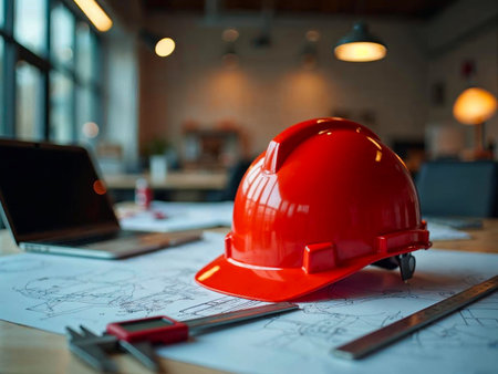 Red Construction Helmet on Architectural Desk with Laptopの写真素材