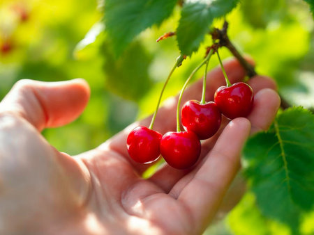 Close-up of hand harvesting fresh cherries in sunny orchard