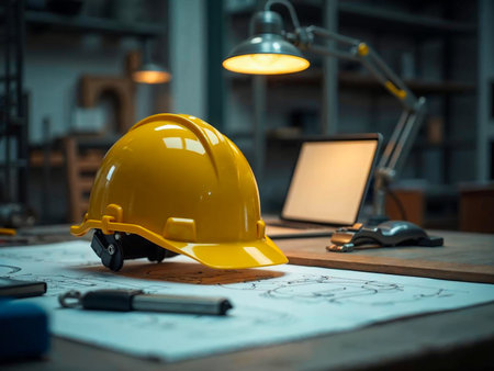 Yellow hard hat on construction plans in modern technical office