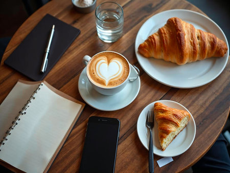 Latte art coffee with croissant and phone on wooden cafÃ© tableの写真素材