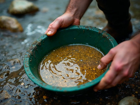 Prospector panning for gold with muddy hands and pan