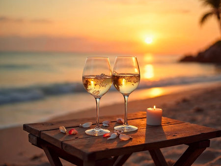 Romantic sunset with sparkling prosecco and candles on sandy beachの写真素材