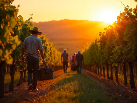 Workers walking through vineyard with baskets during sunset grape harvestの写真素材