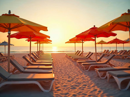 Empty beach with umbrellas and loungers in early summer morning light