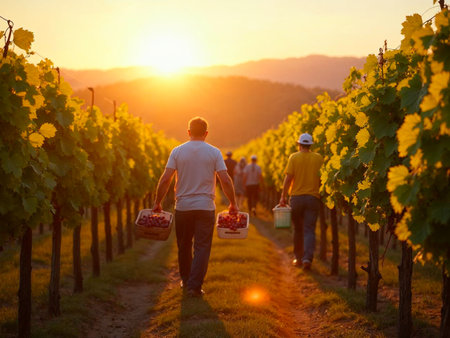 Workers walking through vineyard with baskets during sunset grape harvestの写真素材