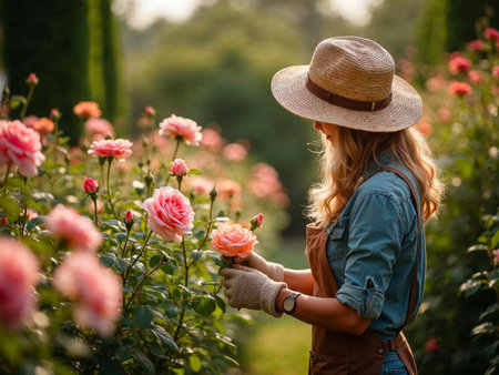 Female gardener trimming pink roses in blooming garden at sunsetの写真素材