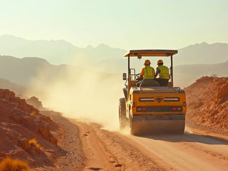 Workers compacting dirt road with steamroller in desert landscape
