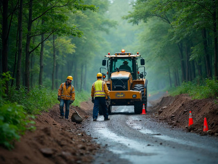 Roadwork team with heavy machinery working in forest area