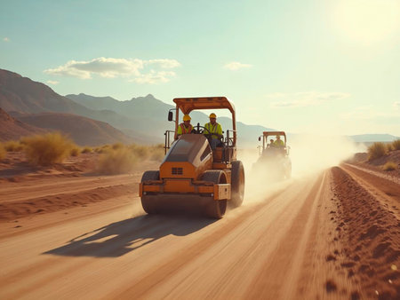 Workers compacting dirt road with steamroller in desert landscapeの写真素材