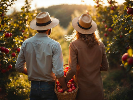Romantic couple picking apples in orchard with basket at sunsetの写真素材