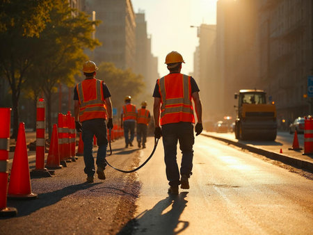 Construction workers fixing road with machinery during golden hour in cityの写真素材