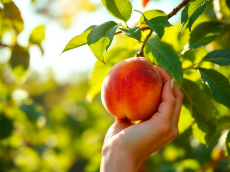 Close-up of woman harvesting peach in sunny fruit orchardの写真素材