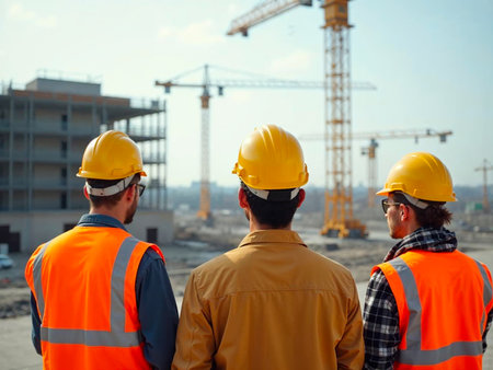 Team of workers watching cranes on urban construction site