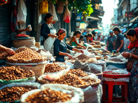People selling coffee beans in colorful market with sacks and basketsの写真素材