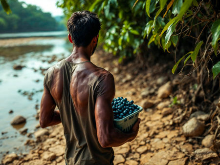 Man Holding Camu Camu Basket by River in Tropical Rainforest
