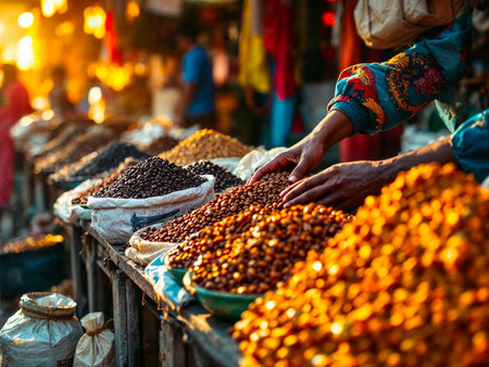 People selling coffee beans in colorful market with sacks and basketsの写真素材