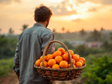 Man Carrying Basket of Granadilla Fruits in Sunset Orchardの写真素材